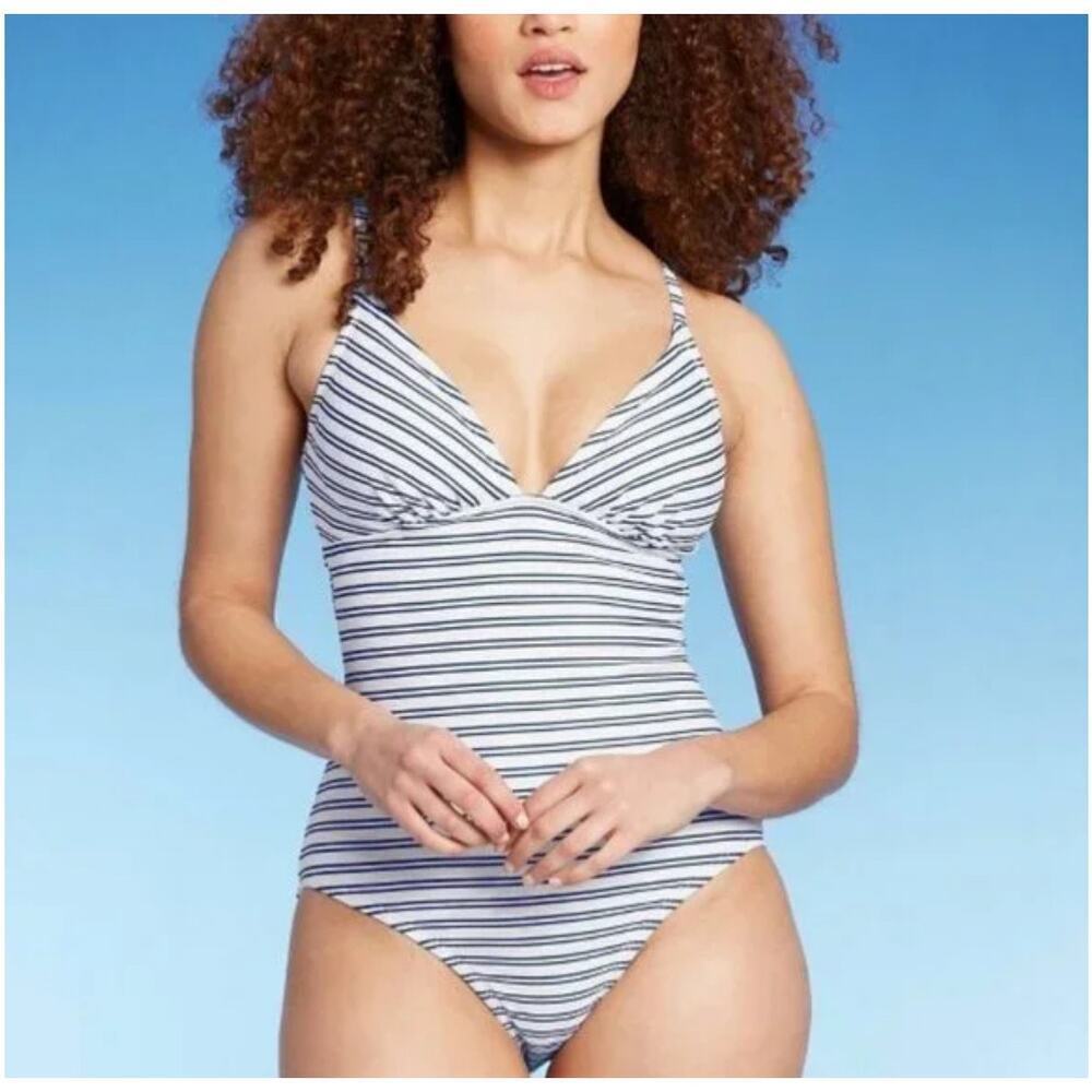 Kona Sol Blue White Stripe One Piece Swim Suit Adjustable Straps Size XL Resort